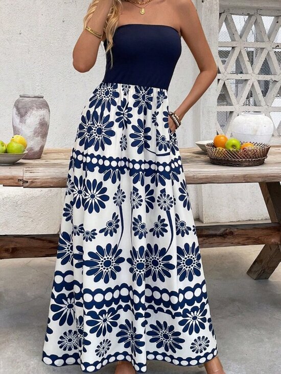Dresses & Skirts - Blue Boho Women's Strapless Long Floral Dress